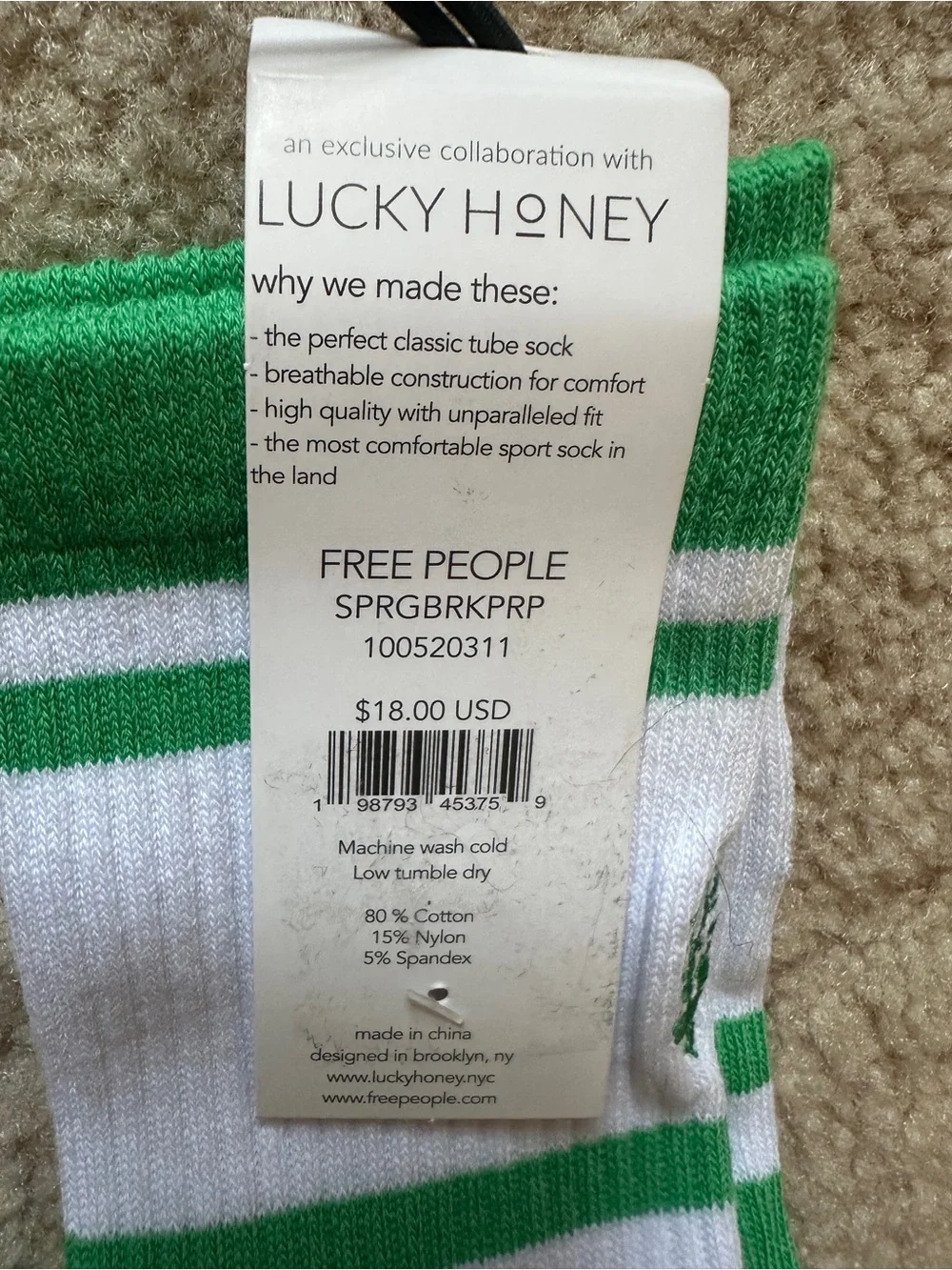 Free People White & Green Tube Socks- Lucky Honey- NWT